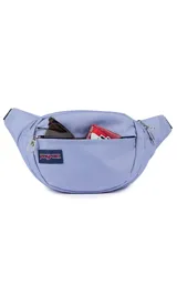 Riñonera negra de la marca JanSport, modelo Fifth Avenue, con parche frontal de la marca y cierres metálicos.