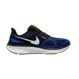 Championes de running Nike Air Zoom Structure 25, color negro con detalles en azul y blanco. Presentan tecnología Air Zoom en la suela para mayor amortiguación y soporte.