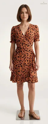 Vestido corto tipo wrap con escote en V, mangas cortas abullonadas con volados en los extremos y detalle de volado en el ruedo. Presenta un estampado floral en tonos marrón y negro.