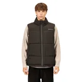 Chaleco puffer de la marca Billabong, color negro, con cierre frontal y cuello alto. Presenta diseño acolchado con costuras horizontales y logo de la marca estampado en el pecho.