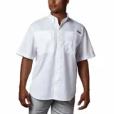 Camisa de manga corta Columbia Tamiami II para hombre, color blanco. Confeccionada en tejido ripstop de poliéster, con protección solar UPF 40, tecnología Omni-Wick de evaporación avanzada y tratamiento antimicrobiano. Cuenta con ventilación de malla en la espalda y dos bolsillos frontales con cierre.
