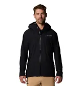 Campera impermeable Columbia de la línea Titanium, color negro, con capucha fija, cierre frontal revestido de PU, bolsillos laterales con cremallera y puños ajustables. Diseño técnico con costuras selladas y tecnología Omni-TECH.