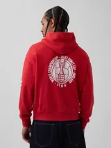 Canguro rojo con capucha, bolsillo frontal tipo canguro y estampado circular blanco en el pecho con temática de la Copa Mundial de 1966.