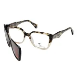 Lentes ópticos con sistema clip-on de sol, armazón de acetato con estampado carey en tonos marrones y beige, y detalle de la marca en las patillas.