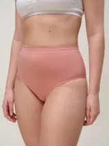 Bombacha de tiro alto confeccionada en microfibra seamless, con diseño de corte clásico que ofrece contención y suavidad. Presenta una cintura elástica con logo grabado y refuerzo de algodón en el fundillo.
