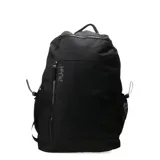 Mochila urbana marca Push de color negro, confeccionada en tela resistente. Presenta un compartimento principal con cierre superior, un bolsillo frontal vertical con cierre y bolsillos laterales de malla con cordón ajustable. Incluye manija superior para transporte manual.