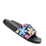 Sandalias tipo slide negras con estampado de flores en colores rosa, celeste y amarillo.