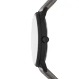 Reloj analógico Armani Exchange modelo Cayde con caja de acero negra de 42 mm, esfera gris mate con logo A|X y correa de cuero gris texturizado.