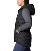 Campera híbrida Columbia con cuerpo acolchado negro y mangas de tejido gris. Presenta capucha integrada, cierre frontal y bolsillos laterales con cierre.