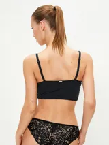 Bralette de encaje negro con diseño de escote en V, con banda inferior ancha y tirantes ajustables.