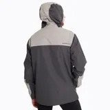 Chaqueta impermeable Merrell Mesquite Hardshell para hombre, con capucha ajustable, cierre frontal con cremallera, bolsillos laterales con cremallera y diseño de bloques de color gris y beige.