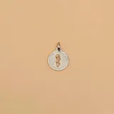 Dije circular de plata con relieve texturizado en los bordes y símbolo de la medicina (caduceo) en oro 18k en el centro.