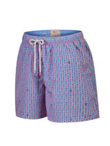 Short de baño RKF modelo Izam, con estampado de peces en tonos azules sobre fondo rosado, cintura elástica con cordón ajustable y bolsillos.