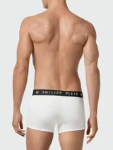 Bóxer blanco de algodón con pretina elástica negra con logo Philipp Plein y calavera estampada en la pierna.