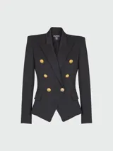 Blazer negro Balmain de corte entallado con doble botonadura y seis botones dorados.