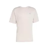 Remera deportiva Adidas de manga corta, color beige claro, con cuello redondo y logo de la marca estampado en el pecho. Confeccionada en tejido técnico transpirable con tecnología Aeroready.