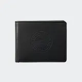 Billetera plegable color negro con el logo de Rip Curl grabado en relieve en el exterior.