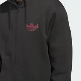 Campera con capucha Adidas de color negro con cierre frontal y bolsillos tipo canguro. Presenta un pequeño estampado en el pecho con el diseño de Mark Gonzales.