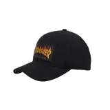 Gorra Thrasher color negro con visera curva y parche rectangular frontal con el logo clásico de llamas de la marca.
