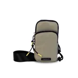 Bolso porta celular con cierre frontal, compartimentos internos para tarjetas y bolsillo trasero. Incluye correa elástica regulable y desmontable.