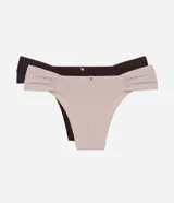 Kit de dos bombachas de bikini Lov confeccionadas en microfibra, de tiro bajo con laterales drapeados y detalle de placa metálica con logo en la parte superior central.