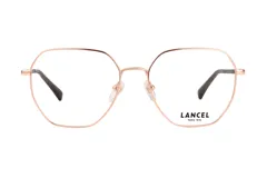 Lentes de receta Lancel con armazón metálico de forma geométrica en color oro rosa y patillas con terminales oscuros.