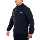 Campera Diadora color negro con cierre frontal, capucha y logo blanco estampado en el pecho.
