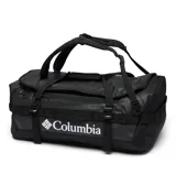 Bolso de lona Columbia Landroamer de 60 litros en color negro, con el logo de la marca estampado en blanco en el frente. Cuenta con múltiples asas de transporte, correas de hombro plegables para usar como mochila, correas de compresión y un gran compartimento principal con cierre.