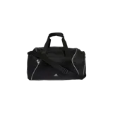 Bolso deportivo Adidas de tamaño mediano color negro, con compartimento principal con cierre, bolsillos laterales de red y correa de hombro ajustable y desmontable.