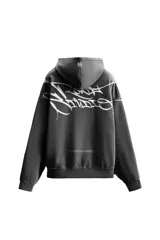 Hoodie gris de corte holgado con efecto desgastado y estampado de graffiti en la espalda.