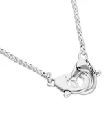 Collar de cadena fina plateada con cierre de mosquetón entrelazado.