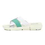 Sandalias bajas con plataforma marrón y tiras cruzadas en colores rosa, dorado y beige.