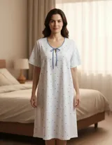 Camisón de algodón blanco con estampado de rayas verticales finas y pequeños puntos azules. Presenta cuello redondo con ribete azul y detalle de moña frontal, con mangas cortas y corte recto hasta la rodilla.