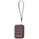 Billetera Guess modelo Elliot de color marrón, con diseño estampado del monograma de la marca, cierre con cremallera, tarjetero exterior y correa de muñeca extraíble.