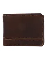 Billetera de cuero natural color marrón con costuras decorativas a la vista y logo de la marca grabado en la parte inferior. Cuenta con tecnología RFID para protección de datos.