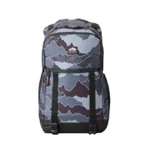Mochila Rip Curl modelo Dawn Patrol 30L Search, con estampado de montañas en tonos grises y negros. Cuenta con compartimento principal con cierre, correas frontales ajustables, bolsillo frontal con cierre y logo de la marca en la parte superior.