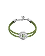 Pulsera de cuero verde doble con dije central en forma de ojo plateado con cristal verde.