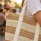 Bolso tipo tote confeccionado en paja tejida con diseño de rayas horizontales en tonos beige y marrón. Cuenta con doble asa de hombro de lona clara y cierre superior.
