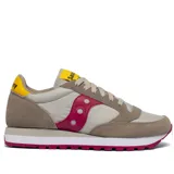 Championes Saucony Jazz Original de dama, color beige con detalles en fucsia, amarillo y marrón.