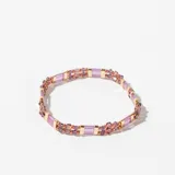 Pulsera elástica de cuentas de vidrio color lila y dorado.