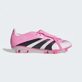 Championes de fútbol Adidas Predator League, color rosa vibrante con franjas negras y detalles blancos/plateados. Presentan una lengüeta plegable y suela con tapones moldeados.