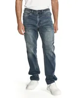 Jeans de mezclilla de corte slim para hombre, con diseño de cinco bolsillos y efecto ligeramente desgastado.