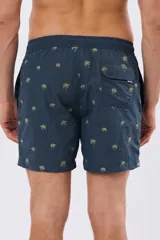 Short de baño azul marino con bordado de pequeñas palmeras, cintura elástica con cordón ajustable y bolsillos laterales.