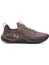 Championes de entrenamiento Under Armour Flow Dynamic, color violeta oscuro con detalles en verde neón. Presentan una parte superior de tejido IntelliKnit transpirable, refuerzo lateral de TPU para mayor estabilidad y entresuela Flow de una sola pieza que ofrece amortiguación reactiva y tracción superior sin suela de goma tradicional.