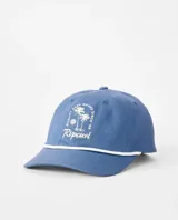 Gorro tipo gorra con visera Rip Curl Mod Cali Medallion, color azul, con diseño bordado frontal de palmeras y texto, y cordón blanco decorativo sobre la visera.