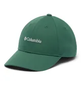 Gorra tipo baseball de la marca Columbia, color verde oscuro, con logo bordado en blanco en la parte frontal y cierre posterior ajustable.