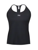 Musculosa deportiva Under Armour Vanish Racerback de color negro, con diseño de espalda deportiva y tirantes elásticos con la inscripción de la marca. Confeccionada en tejido transpirable, ligero y elástico con aberturas laterales en el bajo.