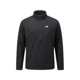 Campera rompevientos New Balance con capucha, diseño bicolor en gris y negro, cierre frontal completo y logo de la marca estampado en el pecho.