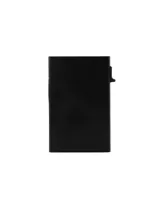 Tarjetero metálico negro con tecnología de bloqueo RFID. Tiene capacidad para 6 tarjetas y botón de acceso rápido.