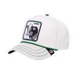 Gorra de béisbol blanca con parche frontal de vaca lechera y la palabra "Cash". Visera curva con costuras zig-zag verdes y detalle de cuerda trenzada verde en la base de la copa.